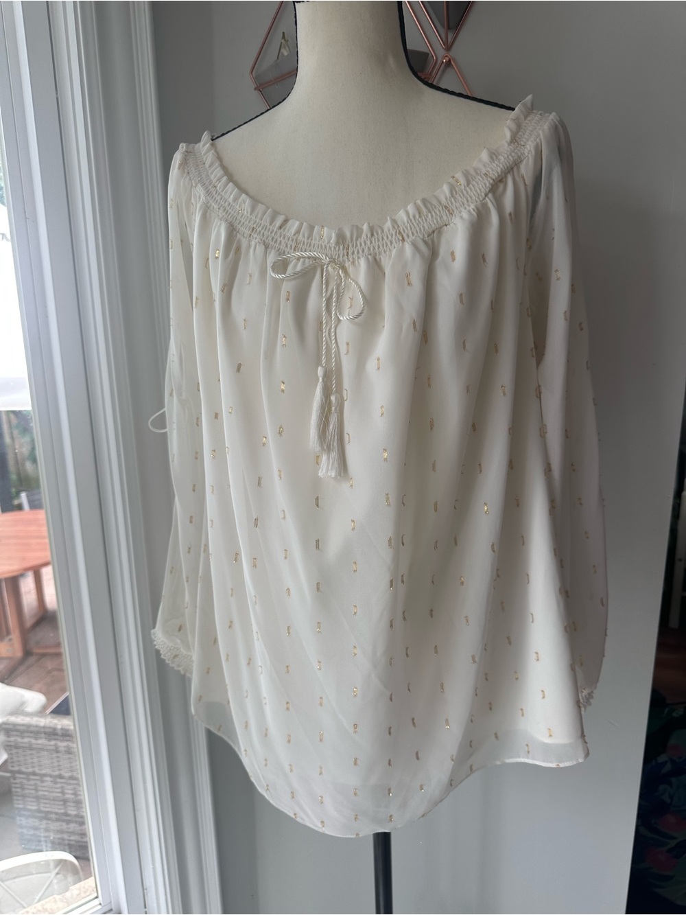 GUESS Off-Shoulder White Peasant Blouse Shirt Top Sheer Gold Dot Accents Large